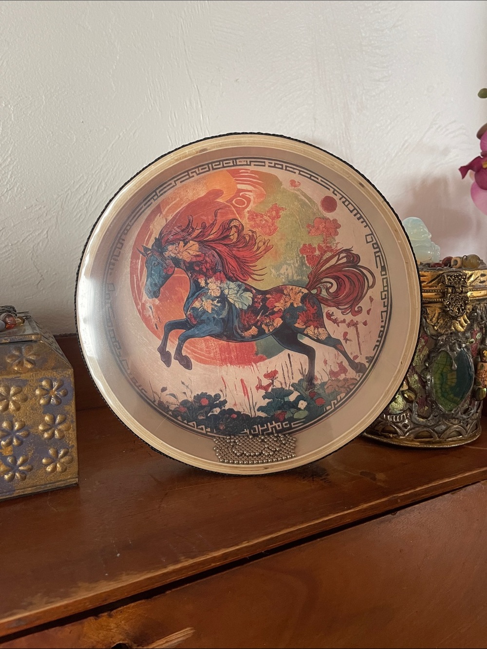 Decorative Floral Horse Bead Drum Art - Multicolor
